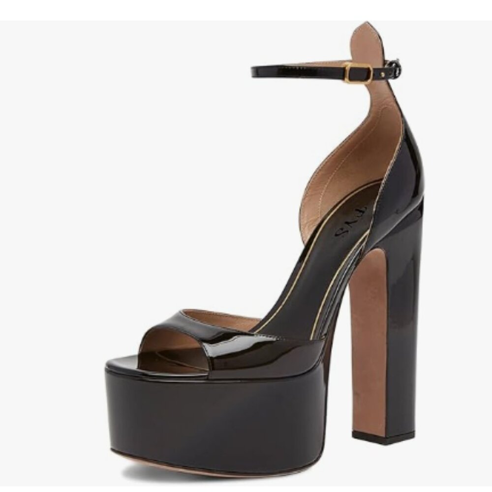 FYS Black Open Toe Platform Chunky High Heel Ankle Strap Pumps Buckled Shoes